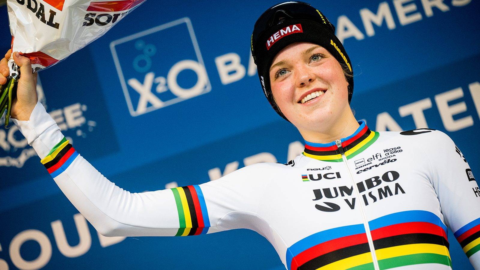 Dutch Fem Van Empel pictured on the podium after the women's elite race of the Krawatencross cyclocross, the seventh stage (out of 8) in the Trofee Veldrijden competition, in Lille, Belgium, Sunday 12 February 2023. BELGA PHOTO JASPER JACOBS